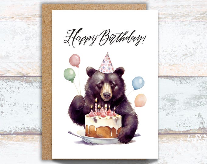 Black Bear Birthday Card, Watercolor Bear Birthday Greeting, Funny Bear and Cake, Balloons and Black Bear Card, Birthday Hat on a Bear Card