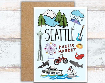 Seattle Greeting Card, Washington State Note Card, Pacific Northwest Stationery, Pike Place Market Card, Seattle Space Needle, Emerald City