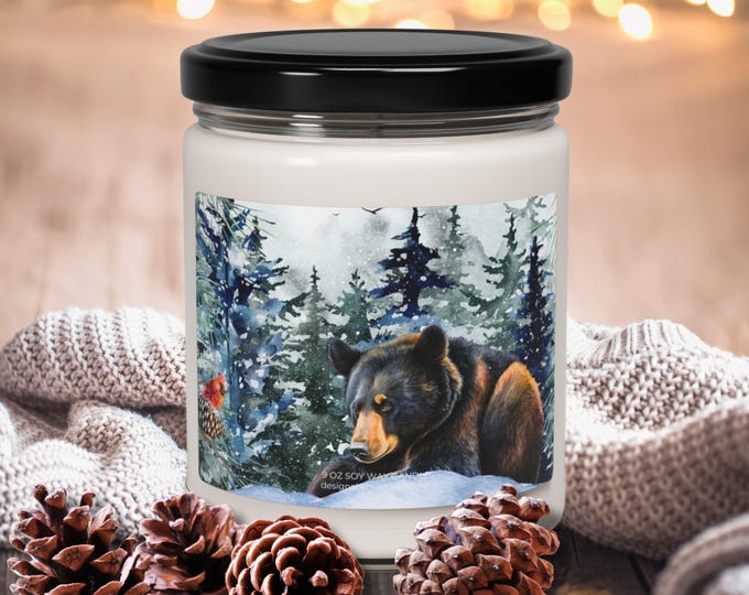 Christmas Bear & Cardinal Scented Candle, Black Bear Winter Scene Soy Candle, Winterscape Home Decor, Cabin Decor, Bear Lover Housewarming