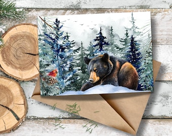 Black Bear and Cardinal Christmas Card, Watercolor Bear Winterscape Holiday Card, Christmas Bear Lover Writing Cards, Black Bear Stationery