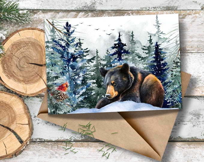 Black Bear and Cardinal Christmas Card, Watercolor Bear Winterscape Holiday Card, Christmas Bear Lover Writing Cards, Black Bear Stationery
