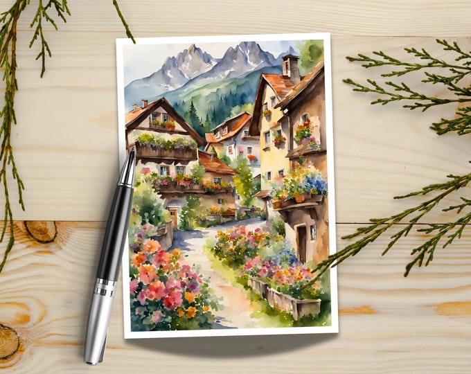 European Village Greeting Card: Alpine Mountain Cottage Watercolor Art for Travel and Nature Lovers