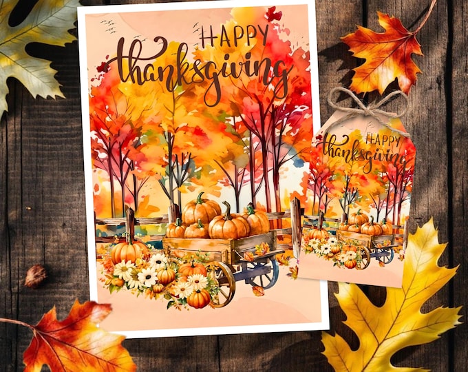 Happy Thanksgiving Card with Optional Gift Tag – Fall Pumpkin Patch Watercolor Greeting Card