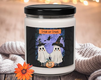Halloween Ghosts Holding Hands Scented Candle, Cute Watercolor Ghosts and Pumpkin Soy Candle,  Ghosts Under a Purple Moon Halloween Decor