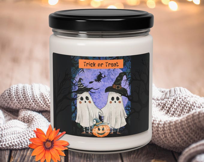 Halloween Ghosts Holding Hands Scented Candle, Cute Watercolor Ghosts and Pumpkin Soy Candle,  Ghosts Under a Purple Moon Halloween Decor