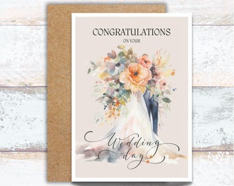 Congratulations on Your Wedding Day Watercolor Greeting Card, Bride and Groom Celebration Card, Wedding Blessings Floral Greeting Card