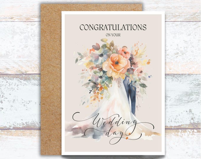 Congratulations on Your Wedding Day Watercolor Greeting Card, Bride and Groom Celebration Card, Wedding Blessings Floral Greeting Card