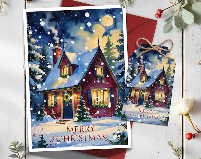 Merry Christmas Card with Red Cottage and Snow, Winter Holiday Greeting Card with Envelope, Optional Matching Gift Tag, Cozy Christmas House