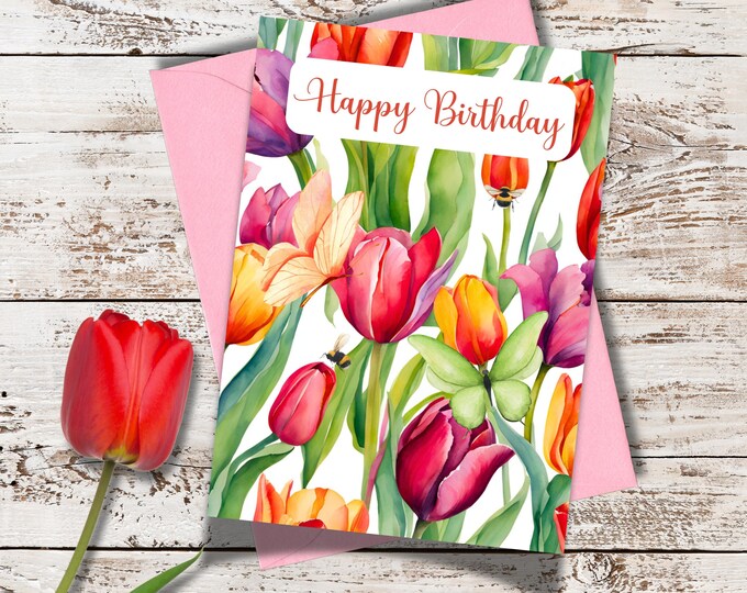 Birthday Tulips Watercolor Greeting Card for Spring, Pink and Yellow Tulip Birthday Card for Her, Spring Tulip Lover Birthday Greeting Card