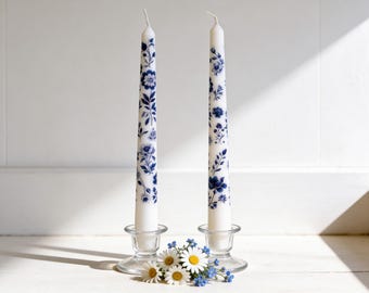 Chinoiserie Blue Floral Tapers: Elegant Cottagecore Candlestick Set for Tables, Decor and Gifts