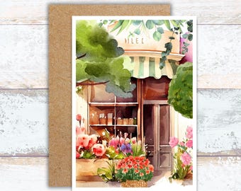 Flower Storefront Watercolor Greeting Card, Downtown Flower Market Writing Cards, Lover of Flowers Stationery, Pretty Floral Shop Stationery