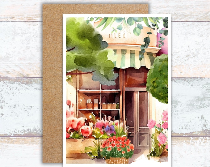 Flower Storefront Watercolor Greeting Card, Downtown Flower Market Writing Cards, Lover of Flowers Stationery, Pretty Floral Shop Stationery