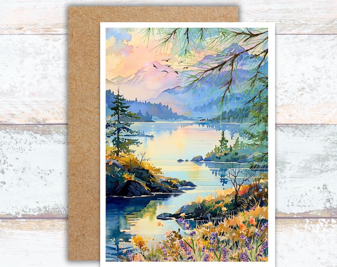 Seattle Washington Olympic National Park Watercolor Greeting Card, Pacific Northwest Olympic Mountains Writing Card, Washington State Lover