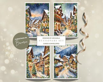 Christmas in Bavaria Watercolor Greetings Set of 4, Holiday Bavaria Thank You Cards, Lover of Germany Winter Cards, Snow in Bavaria Cards