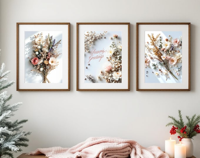 Winter Floral Art Prints Set of 3: Blush Cottagecore Holiday Decor