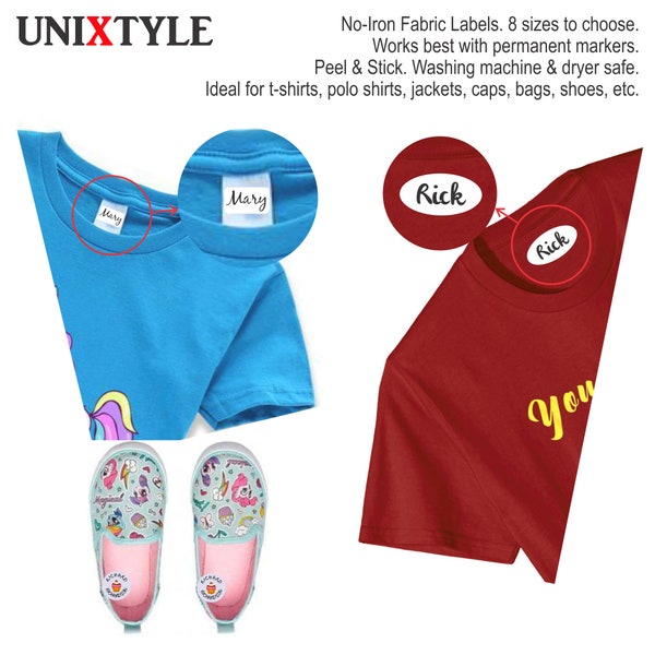 Create your unique No-Iron Fabric Label w/16 Background Colors, Peel-N-Stick, Back-to-School, Personalized Name, Waterproof, Tear-Resistant