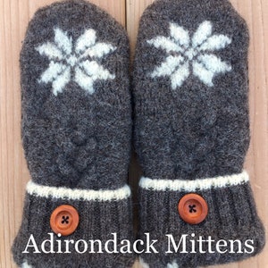 Wool Sweater Mittens, Recycled Sweater Mittens, Women's Mittens, Gray, Snowflake, 100% Premium Wool image 1