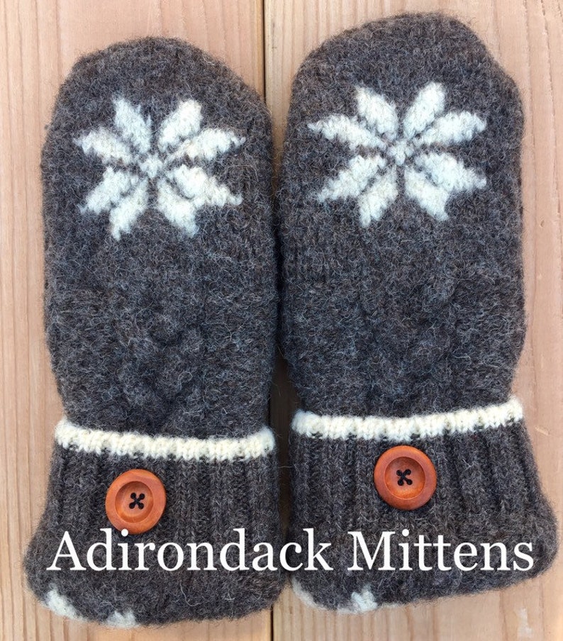 Wool Sweater Mittens, Recycled Sweater Mittens, Women's Mittens, Gray, Snowflake, 100% Premium Wool image 1