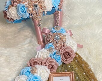 Bridal Bouquet & Personalized Wedding Broom Combo-Real Touch Artificial Flowers