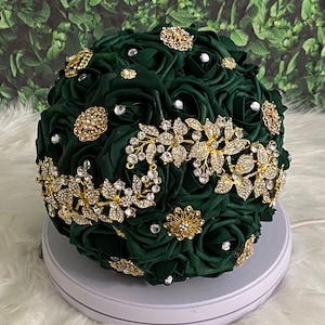 Emerald green and gold brooch bridal bouquet- real touch roses.