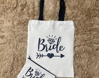 Bride Canvas Totebag with Canvas Makeup Bag - (White with black lettering)
