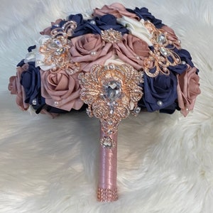 Rose gold/Navy blue/Ivory Bridal Brooch Bouquet - Real Touch Artificial Roses