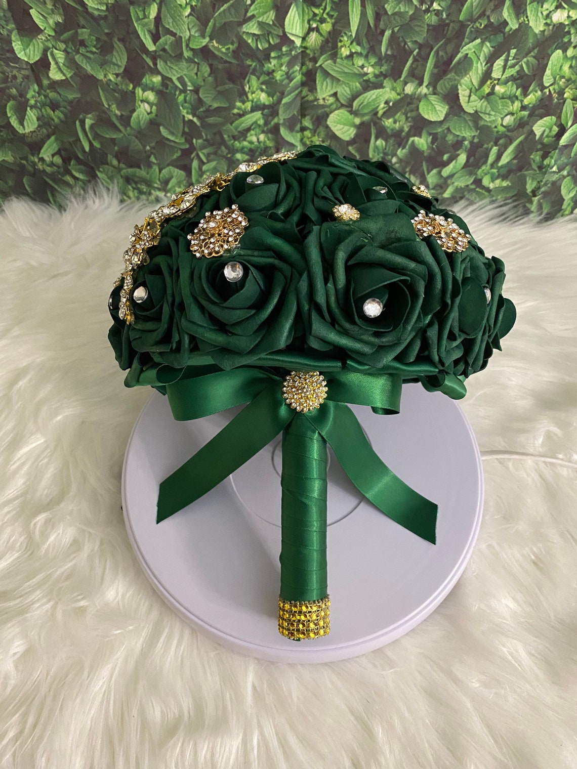 Emerald green and gold brooch bridal bouquet real touch image 2