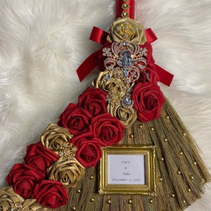 Personalized Wedding Broom (Large) - Red/Gold For Jump The Broom Ceremonies