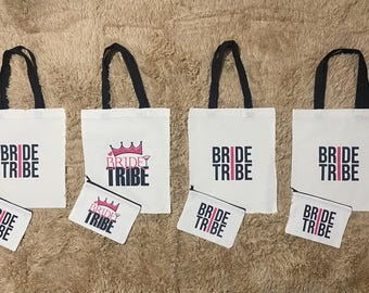 4 Bride Tribe Canvas Totebags with Cosmetic Canvas Bags - (Pink/Black Lettering)