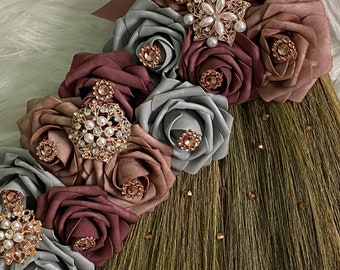 Custom Wedding Broom (Large) - Mauve/rose gold/grey/wedding date & names not included