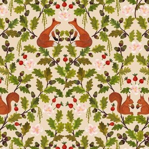 May include: A repeating pattern featuring squirrels, foxes, oak leaves, acorns, red berries, and white flowers. The design is set against a beige background, creating a whimsical and nature-inspired aesthetic.