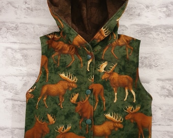 Unusual Moose Print Hooded Gilet vest jacket in 100% Brushed Cotton flannel