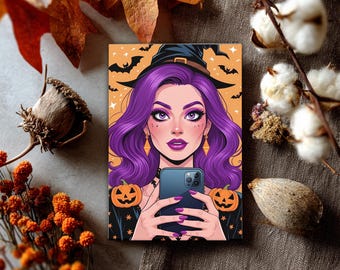 Witch Theme Greeting Card, Halloween Greeting Cards, Set of Greeting Cards, Spooky Witches Greeting Card, Busy Witch on her Cellphone card