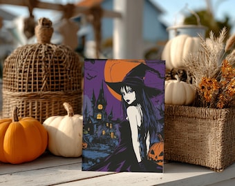 Gothic Witch Halloween Greeting Card – Dark Aesthetic Spooky Art, Haunted House & Pumpkin Illustration, Halloween Card for Her