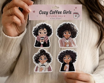 Cute Coffee Girl Sticker Pack | Cozy Girl Aesthetic Vinyl Stickers | Afro Chic Planner Stickers | Laptop & Journal Decals | 3 Inch Stickers