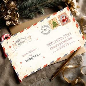 May include: A vintage-style Christmas envelope with red, white, and blue diamond-patterned edges. The envelope features stamps with a Christmas tree and Santa Claus, and text that reads "North Pole Express" and "Holiday Express Delivery."