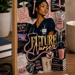 May include: A notebook with a collage design featuring a nurse in a graduation cap, a stethoscope, and the words "Future Nurses." The design includes text such as "Nursing is my calling" and "Heal, Care, Inspire."