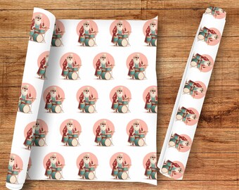 Papier do pakowania prezentów z motywem Świętego Mikołaja grającego na bębnach | Papier do pakowania prezentów | Papier do pakowania prezentów z motywem muzyka | Papier do pakowania prezentów w stylu retro | Prezent dla niego | Prezent świąteczny | Prezent dla perkusisty