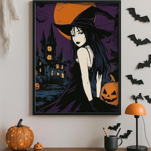 Gothic Witch Halloween Poster – Dark Anime-Inspired Wall Art, Haunted House & Pumpkin Illustration