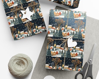 May include: Gift-wrapped presents with a winter village scene on dark blue paper, tied with twine and white tags. A spool of white thread and scissors are also present, suggesting a crafting or gift-giving theme.