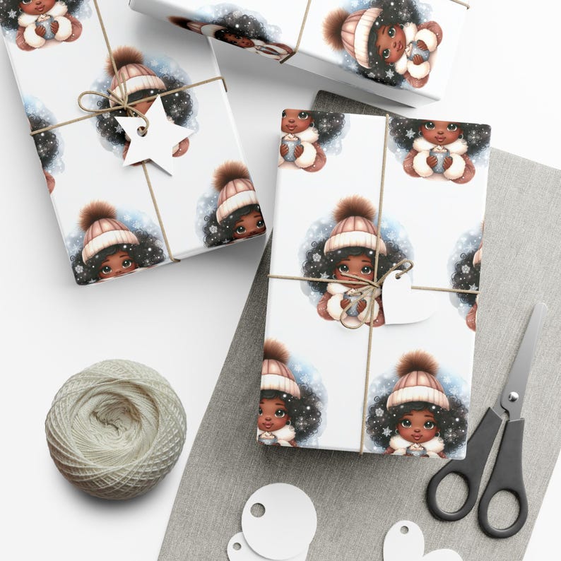 Cute Black Girl Winter Hot Chocolate Wrapping Paper (24x29 inch) zdjęcie 3