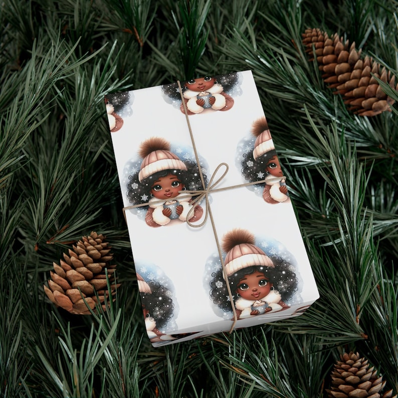 Cute Black Girl Winter Hot Chocolate Wrapping Paper (24x29 inch) zdjęcie 1