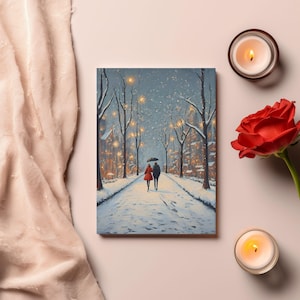 Winter Walk: Romantic Snowy Evening Valentine&#39;s Greeting Card (5x7) | Valentines Cards | Romantic Theme Love Card