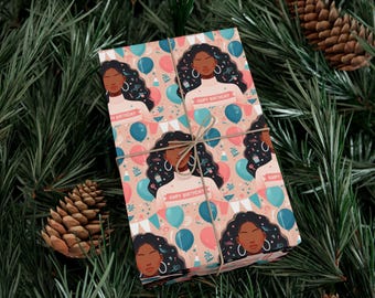 African American Woman Birthday Wrapping Paper, Pink Party Decor
