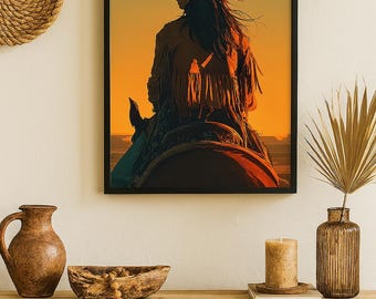 Modern Western Cowgirl Poster | Sunset Horseback Art Print, Rustic Wall Decor, Cowgirl Riding at Dusk, Southwestern Home Accent | Gift