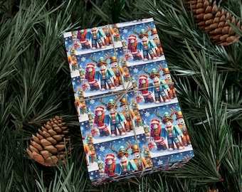 May include: A wrapped gift with a festive snowman pattern, tied with twine, rests on a bed of evergreen needles and pinecones. The wrapping paper features snowmen wearing hats and scarves, set against a snowy blue background.