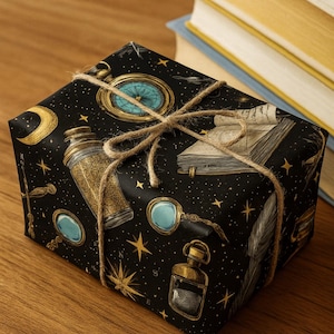 Celestial Magic Wrapping Paper | Vintage Fantasy Gift Wrap | Book Lover, Wizard Gift Paper | Compass, Quill & Potion | Dark Academia Magic