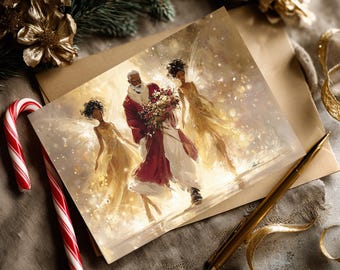 Elegante biglietto di auguri natalizio nero con Babbo Natale / Fate dorate, auguri di lusso per le feste.