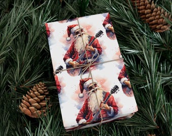 May include: A white wrapping paper with a repeating pattern of Santa Claus wearing sunglasses and playing a red electric guitar. The paper is tied with a brown string.