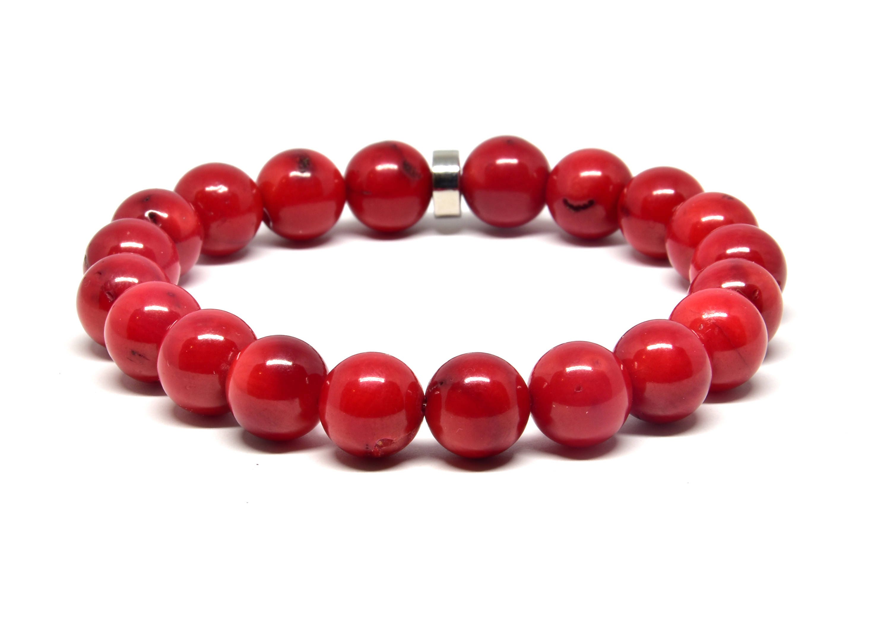 FAMA Red Coral Beaded Stretch Bracelet with Golden Paved Beads FAMA Red Coral Beaded Stretch Bracelet with Golden Paved Beads